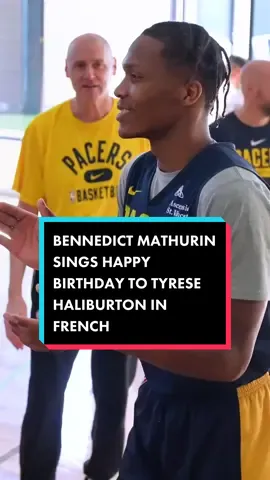 rookie Bennedict Mathurin broke out his French to sing happy birthday to Tyrese Haliburton after shootaround today.🥳 #bennedictmathurin #french #happybirthday #tyresehaliburton #pacers 