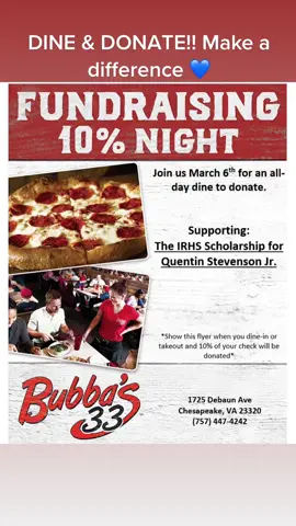 Dine and donate with us at Bubba’s 33 show this flyer to your waiter and 10% of your meal will be donated to the Quentin Alan Stevenson Jr. Scholarship at Indian High School. Join us on today March 6th and THANK YOU IN ADVANCE 💙📚. Share, Share, Share! ☺️ #757 #dineanddonate #bubbas #chesapeake #virginia #indianriver #irhs 
