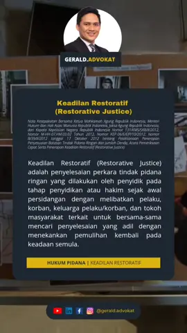 “Keadilan Restoratif (Restorative Justice) adalah penyelesaian perkara tindak pidana ringan yang dilakukan oleh penyidik pada tahap penyidikan atau hakim sejak awal persidangan dengan melibatkan pelaku, korban, keluarga pelaku/korban, dan tokoh masyarakat terkait untuk bersama-sama mencari penyelesaian yang adil dengan menekankan pemulihan kembali pada keadaan semula.” Nota Kesepakatan Bersama Ketua Mahkamah Agung Republik Indonesia, Menteri Hukum dan Hak Asasi Manusia Republik Indonesia, Jaksa Agung Republik Indonesia, dan Kepala Kepolisian Negara Republik Indonesia Nomor 131/KMS/SKB/X/2012, Nomor M-HH-07.HM.03.02 Tahun 2012, Nomor KEP-06/E/EJP/10/2012, Nomor B/39/X/2012 tanggal 17 Oktober 2012 tentang Pelaksanaan Penerapan Penyesuaian Batasan Tindak Pidana Ringan dan Jumlah Denda, Acara Pemeriksaan Cepat Serta Penerapan Keadilan Restoratif (Restorative Justice) Sekilas highlight peraturan kali ini. nantikan highlight peraturan kami lainnya. Salam. gerald.advokat Temui kami di: https://lnk.bio/gerald.advokat Apabila ada yang ingin anda tanyakan, dapat hubungi kami melalui DM. #hukum #law #legal #advokat #pengacara #pidana #hukumpidana #peraturan #litigasi #geraldadvokat #ilmuhukum #konsultanhukum #lawyer #legalconsultant #litigation #attorney #attorneyatlaw #konsultan #pencerahanhukum #penasehathukum #pengacaraindonesia #restoratifjustice #keadilanrestoratif #kuhap #fypシ #fyp 