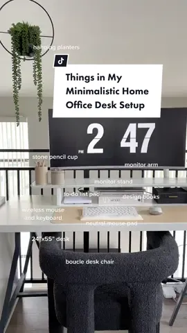 Things in my wfh minimalistic home office desk setup 🤍 considering I spend 1/3 of my day at my desk, might as well make it a clean and aesthetic setup ☺️ #desksetup #desktour #homeofficedecor #wfhdesk #remotework #minimalist #deskspace #desksetupaesthetic #homeofficesetup 