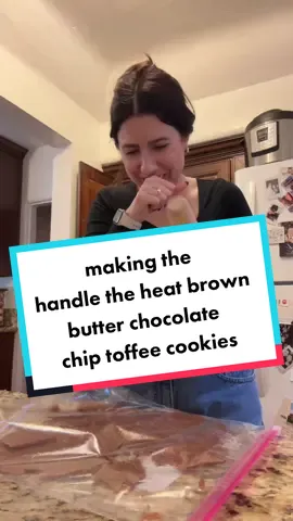 making the @handletheheat brown butter chocolate chip toffee cookies - or at least trying to 😂 i certainly made a mess, that’s for sure. also the party is actually at 4pm tomorrow not 5:30 🥴  #baking #cookies #handletheheat #lilypcrumbs #chocolatechipcookies #toffee #homemadetoffee 