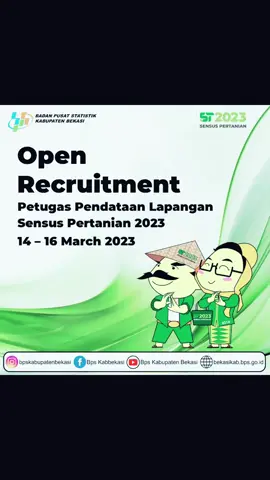 Hai sobatdata Kami hadirkan open recruitment kegiatan Lapangan ST2023 ni Caranya gampang banget 1. Download, daftar melalui aplikasi SOBAT BPS yang bisa didapatkan di playstore 2. Setelah daftar lansung pilih kegiatan ST2023-UTP Sensus pertanian 2023 UTP 3. Pilih provinsi: Jawa Barat, Kabupaten: 16.Bekasi,  4. Screenshot bukti daftar dan telah memilih kegiatan ST-2023. 5. Buka s.bps.go.id/3216daftarST2023 dari gadjet mu 6. Isi kuesioner di link tersebut ya. Cepat-cepat..pendaftaran hanya dari 14 - 16 Maret 2023 Kami tunggu ya di ST2023 #daftar #sensus #pertanian #sensuspertanian2023 #bekasi