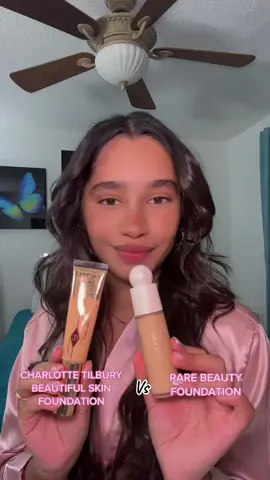 The Charlotte Tilbury foundation is more glowy and hydrating.🫰Both of them are light to medium coverage. @charlottetilbury @rarebeauty #charlottetilburybeautifulskinfoundation #rarebeautyfoundation #charlottetillbury #rarebeauty #foundation #BeautyTok  #makeuptok #foryou 