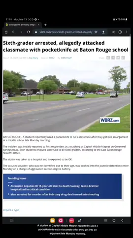 BATON ROUGE - A student reportedly used a pocketknife to cut a classmate after they got into an argument at a middle school late Monday morning.  The incident was initially reported to first responders as a stabbing at Capitol Middle Magnet on Greenwell Springs Road. Both students involved were said to be sixth-graders, according to the East Baton Rouge Sheriff's Office.  The victim was taken to a hospital and is expected to be OK. The accused attacker, who was not identified due to their age, was booked into the juvenile detention center Monday on a charge of aggravated second-degree battery. #Batonrouge #capitalmiddle #schoollife #schoolviolance 