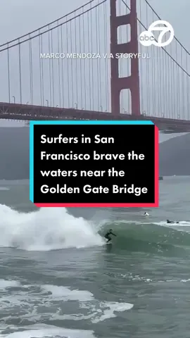 Surfers in San Francisco braved the waters near the Golden Gate Bridge as a warning for flooding and steep waves in the Bay Area was expected. #news #abc7la #abc7eyewitness #SanFrancisco #surf #surfing #goldengatebridge #flooding #weather #storm 