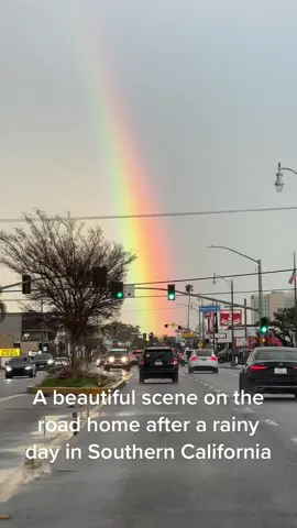 A beautiful rainbow appears on the road home after a long rainy day in So Cal. #californiarain #socal #socalrain #rainbow #judygarland #newportbeach #17thstreet #rainbows