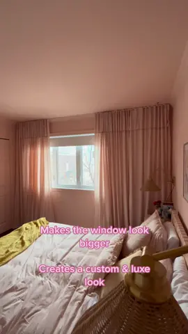 Hanging your curtaind wall to wall creates such a custom & luxe look ! Its one of my fave decor hacks, so easy and inexpensive.  #decorhacks #decorideas #bedroomhacks #bedroomideas #curtainshack 