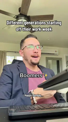 Different generations, same Monday struggle 🤣 #generations #corporate #workhumor #workfromhome #relateable 