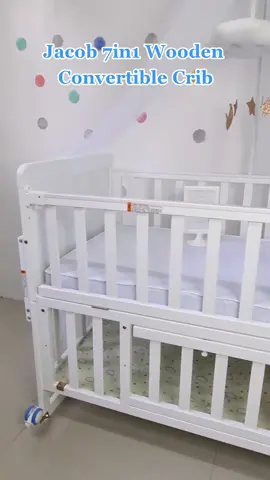 Check out our newest version of Jacob 7in1 Wooden Convertible Crib Size: 21.5 x 39 x 35in Material: New Zealand Pinewood with non toxic paint 1. Rocker 2. Co-sleeper 3. Crib 4. Playpen 5. Desk 6. Extended Kid's Bed 7. Storage Message us for Crib+Bedding Bundles