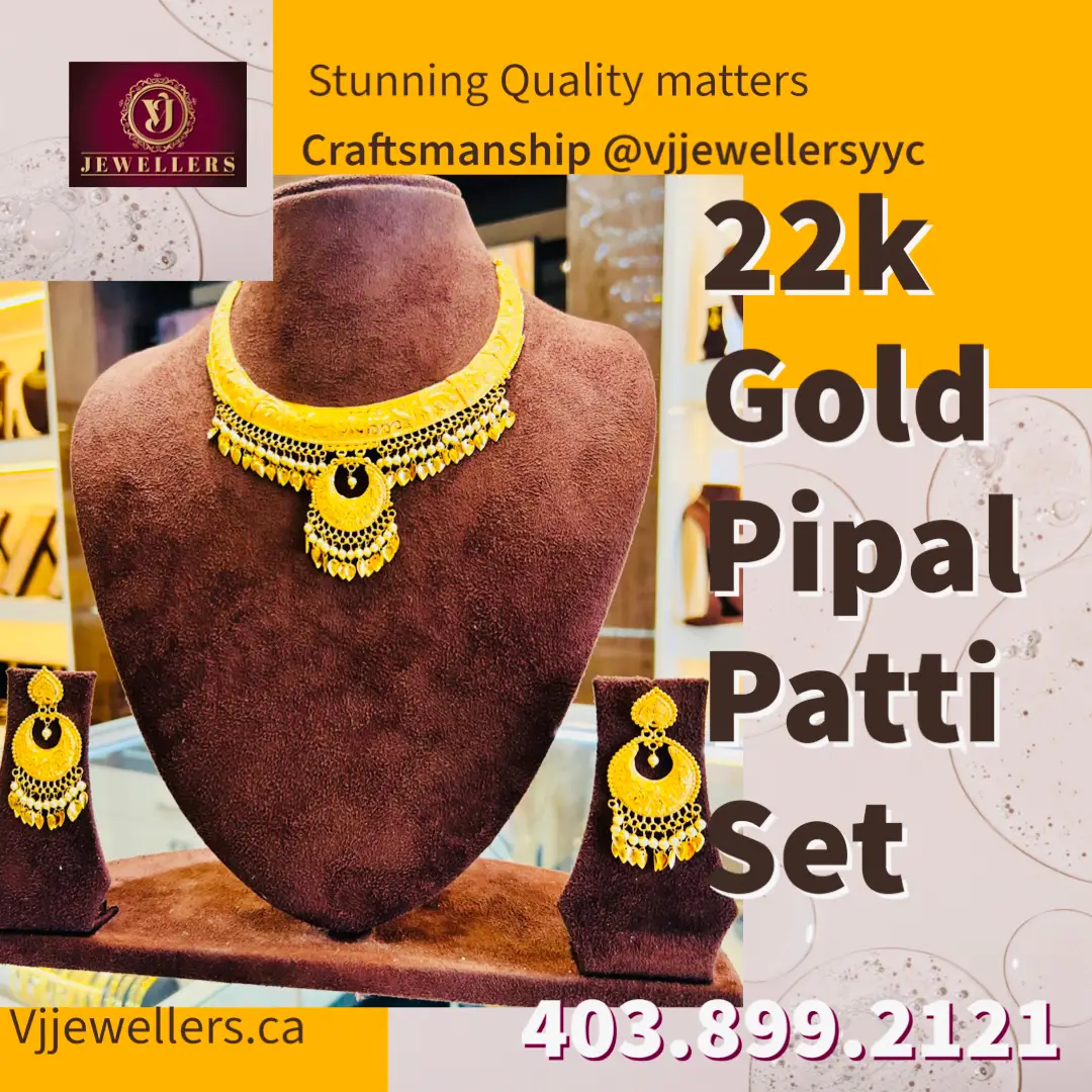 Introducing our exquisite 22k Papil Patti Gold Set - a true embodiment of Indian craftsmanship @VJjewellersYYC. This set features intricate designs and patterns inspired by the natural beauty of the Pipal tree bark, which is used to create the Patti. Each piece is meticulously handcrafted with precision and care, showcasing the finest details of Indian jewelry-making. Stand out from the crowd and make a bold statement with this stunning set. * #VJJewellersLtd * #IndianJewellery * #22kGold * #PapilPatti * #GoldSet * #HandcraftedJewellery * #IndianCraftsmanship * #LuxuryJewellery * #ElegantJewellery * #StatementJewellery * #WeddingJewellery * #BridalJewellery * #FashionJewellery * #JewelleryAddict * #IndianFashion * #DesiFashion * #EthnicFashion * #Fashionista * #Accessories . Where Beauty Meets Creativity ____________________________ Email Us At info@VJjewellers.ca Visit Us At #5126 4310 104 Avenue NE, Calgary AB 403.899.2121 _____________________________ #Calgary #YYC #22Kgold #YEG  #Trending #Jewellrylover #Masterpiece #Necklace 