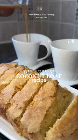 the easiest coconut loaf recipe ever! 🥥🍰 takes less than 20 minutes to make too🫶🏽 #EasyRecipes #easybake #coconutcake #coconutloaf #desichai #karakchai #quickbakes #baking #BakeWithMe #easybaking #cake #butterycake #fluffycake 