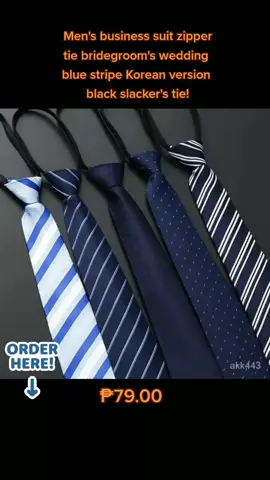 only ₱79.00 for men's business suit zipper tie bridegroom's wedding blue stripe korean version black slacker's tie! don't miss out! click the yellow basket to order! #fyp 