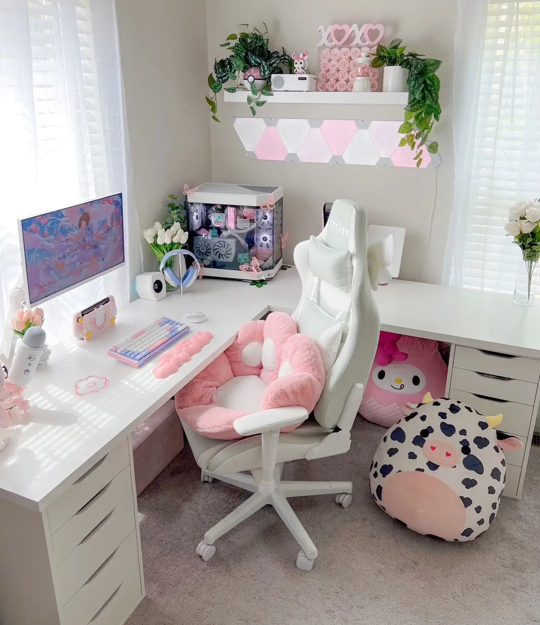 setup pics c:  check out my anazon in my bio for stuff i use! #gaming #desksetup #desktour #GamingSetup #pastel #cutegaming #kawaii #cozygaming #deskspace 