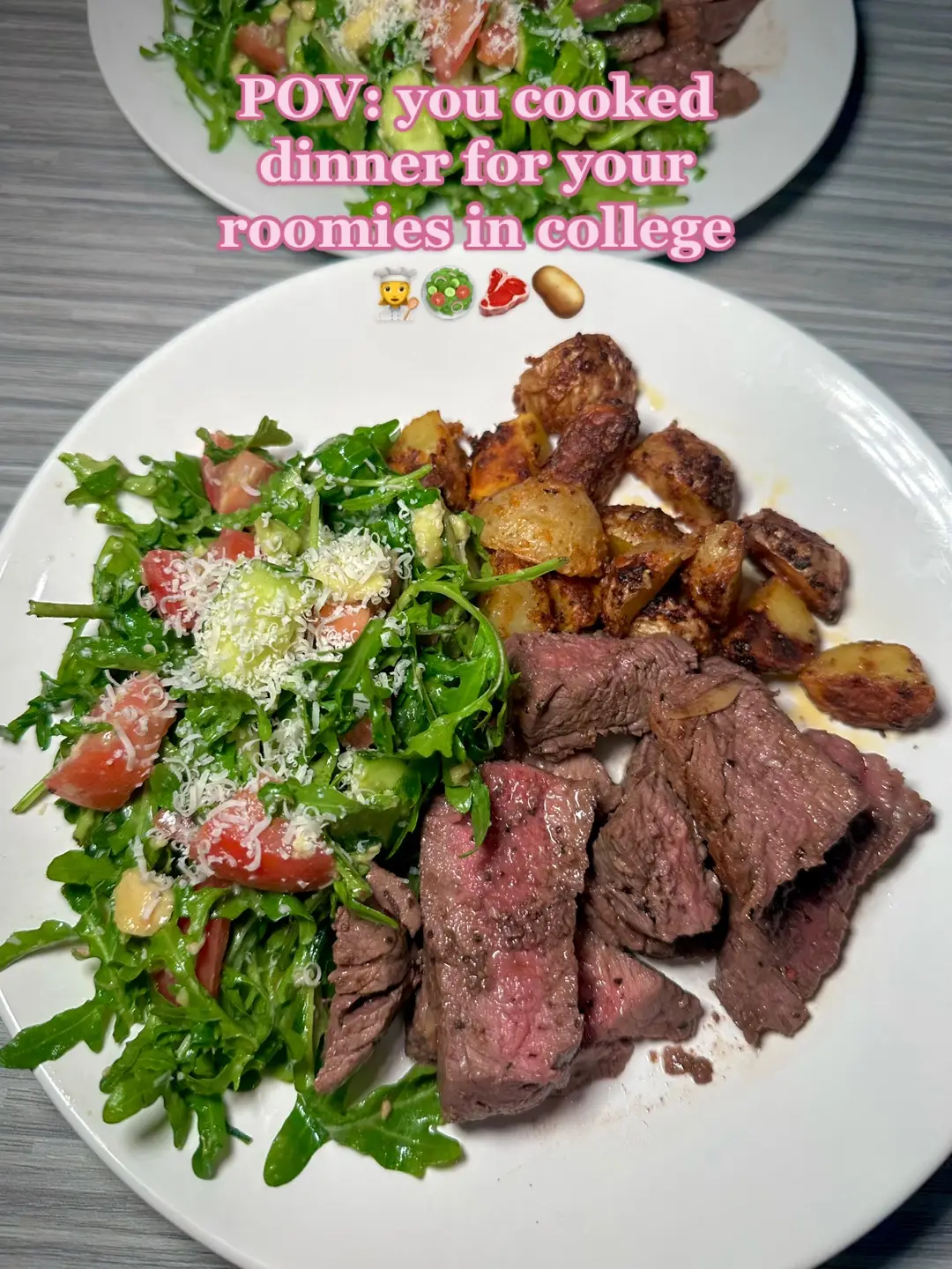 Dinner is served 👩‍🍳 #cookwithme #cooking #collegemeals #collegerecipes #DinnerIdeas #cookingincollege #dinner #food #steak #salad 