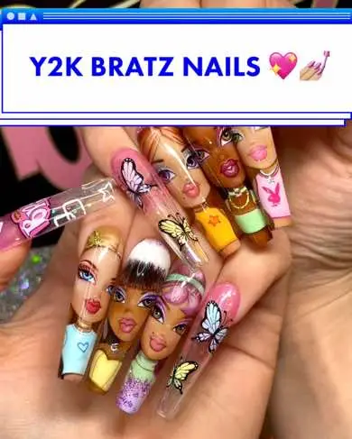 Y2K Bratz nail art! 💅🏼🔥 This is some of the most challenging nail art I’ve ever painted as a nail tech 🥵 Can you guess how long these nails took me overall? C0mmissi0n set for @nailzbydevshop ❤️ #nailartoftiktok #nailinspo2023 #y2knailinspo #nailartdesigns #bratznails #cutenailart #handpaintednailart #handpaintednailart #characternails #nailartistry 