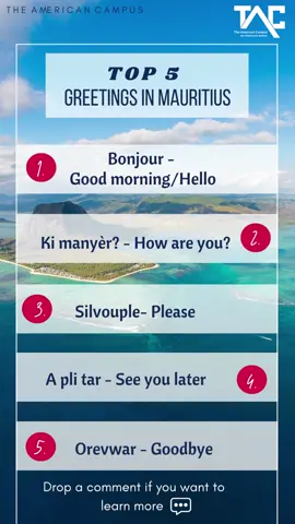 Experience the warm and friendly culture of Mauritius through the language of the locals! Brush up on your Mauritian Creole with these common phrases for greetings and make meaningful connections during your visit to this beautiful island. #TheAmericanCampus #Education #Mauritius #MauritianCreole #LocalLanguage #IslandCulture #TravelMauritius #CulturalExchange