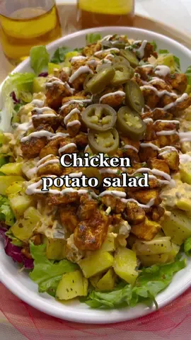 CHICKEN POTATO SALAD #salad #chicken #party #food #Recipe #potatoes #foodtiktok #tiktokfood #viral #trending #fy #fyp #foryou #foryoupage #spicy POTATO MIXTURE 1100 g potatoes (firm) 4 g salt (⅔ teaspoon) 2 g Italian seasoning 4 g garlic powder (1⅓ teaspoon) 35 ml olive oil   CHICKEN MIXTURE 20 ml olive oil 500 g chicken fillet 6 g chicken seasoning (2 teaspoons) 3 g ras el hanout (1 teaspoon) 3 g garlic powder (1 teaspoon) 3 g onion powder (1 teaspoon) 2 g cayenne pepper (⅔ teaspoon) 2 g paprika powder (⅔ teaspoon)   SAUCE 30 g pickles (2 pickles) 35 g red onion (half a red onion) 8 g capers (1 tsp) 50 g green olives 50 g corn 100 g crème fraiche 75 g samurai sauce salt (to taste)   EXTRA lettuce sauce (optional)   Peel the potatoes and cut them into cubes. Spread the potato cubes evenly on a baking tray lined with parchment paper. Add salt, Italian seasoning, garlic powder, and olive oil. Mix well.   Place the potato cubes in a preheated oven at 200 ℃. Bake for 25-30 minutes.   Wash and cut the chicken into pieces. Heat the olive oil in a frying pan over medium-high heat. Add the chicken, chicken seasoning, ras el hanout, garlic powder, onion powder, cayenne pepper, and paprika powder. Mix well. Cook for about 6-7 minutes or until done.   In a deep bowl, combine the pickles, red onion, capers, green olives, corn, crème fraîche, samurai sauce, and salt. Mix well.   Arrange the lettuce on the bottom of a large plate. Top with the potato cubes, sauce, and chicken. Garnish as desired.    