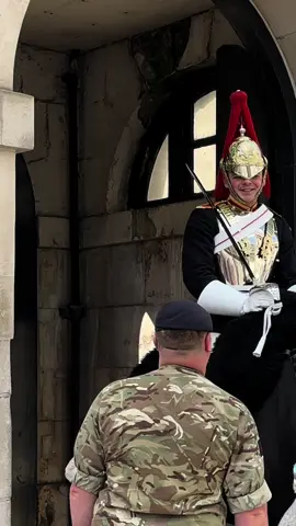 Beautiful Moment an Army officer made the  Guard Smile!  #smile #fyp #foryou #kingsguard #horseguardsparade #army #horse #king 