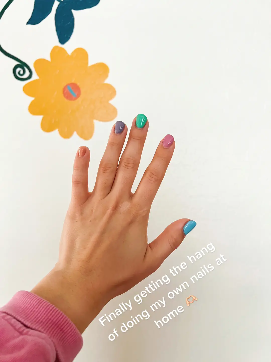 So glad that my nails are looking less and less like a 5 year old painted them 🫠 #nailinspo #springnails #springnailinspo #colorfulnails #gelpolishathome #naildiy #gelnailsdiy #dipnailsdiy #amazongelpolish 