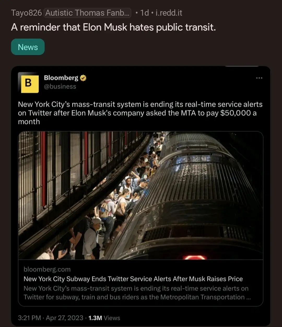 Elon is not a friend of public transit, but he is happy to sell you a lie that Tesla is saving the world - as long as people keep buying his underwhelming cars. #mta #publictransit #tesla #elonmusk #pedestriandignity #walkablecities 