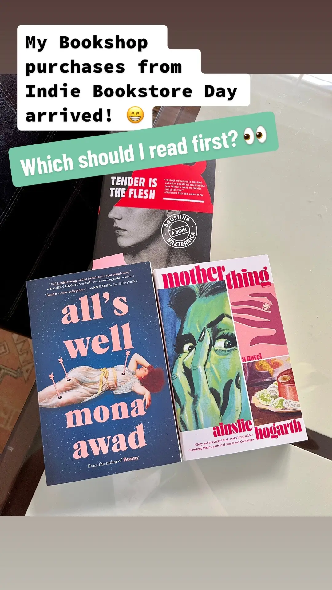 Def #influenced by BookTok for at least two of these! Which should I start with? 🤔 #BookTok #indiebookstoreday #bookhaul #fiction #reader #alwaysreading #bookworm #tenderistheflesh #motherthing #monaawad 