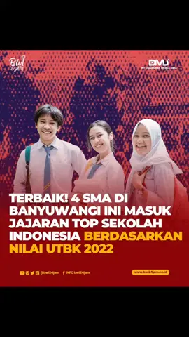 Sekolah mimin masuk yang alumni 4 sekolah ini mana suaranya??? Sebanyak 4 Sekolah Menengah Atas (SMA) di Kabupaten Banyuwangi tercatat masuk dalam jajaran Top 1000 Sekolah di Indonesia tahun 2022. Daftar tersebut berdasarkan tingginya nilai Ujian Tulis Berbasis Komputer (UTBK) tahun 2022 yang telah dirilis Lembaga Tes Masuk Perguruan Tinggi (LTMPT). Lembaga Tes Masuk Perguruan Tinggi atau bisa disingkat LTMPT merupakan lembaga penyelenggara tes masuk perguruan tinggi bagi calon mahasiswa baru. Lembaga ini berada di bawah naungan Kementerian Pendidikan, Kebudayaan, Riset, dan Teknologi. Menurut versi LTMPT, sekolah terbaik di Kabupaten Banyuwangi berdasarkan hasil nilai UTBK 2022 ditempati SMAN 1 Glagah. Kemudian disusul oleh SMAN 1 Genteng, SMAN 1 Giri, dan SMAN 1 Rogojampi. Selengkapnya https://bwi24jam.co.id/terbaik-4-sma-di-banyuwangi -ini-masuk-jajaran-top-sekolah-indonesia-berdasarkan -nilai-utbk-2022 #bwi24jam #banyuwangi #sekolahfavoritbanyuwangi #banyuwangi24jam 