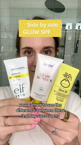 Which would you choose? What’s on my face ⬇️✨ @elfcosmetics  SUNTOUCHABLE! WHOA GLOW SPF 30 $14 for 1.69 fl oz aloe, hyaluronic acid, and squalane This is the one that feels most like a face moisturizer. You can see the difference in texture and how it applies. It felt the most creamy. @Supergoop Glowscreen SPF 40 $38 for 1.7 fl oz hyaluronic acid, niacinamide and vitamin B5 Comes in 4 shades  I’m using shade: Champagne Glow but I think the lighter shade would work for me even better so I will get that next. This was the blueprint but it’s also the most expensive. I like how there are different shimmer shade options. The texture is light and feels nice. This is the one I’ve been using the longest. @Sun Bum  Original Glow SPF 30 Sunscreen Face Lotion SPF 30 $18 for 2 fl oz. This has a runny texture but that’s not a bad thing. It feels really nice and the most similar to supergoop. I hope they come out with different shimmer options as well since as you can see this doesn’t exactly match my undertone. It’s still a nice, cheaper option. All of these are fragrance free, glowing/shimmer finish and layer well under makeup. They are all fragrance free as well. I will often reach for a shimmer sunscreen as a base under makeup. I like how it makes my skin glow and takes away the dullness. I usually apply foundation and some concealer and the shimmer fades a bit but that’s generally the look I like. These don’t match my skin tone the way I would like for me to be able to wear without makeup.  You can see the difference in color on my face to my neck. But I’ll use some tanning drops and this will even out 😉  Tell me other sunscreens you’d like side by side comparisons! This was a fun way to show you how these look! #glowingskin #skintok #sunscreenreview #tiktokmademebuyit  