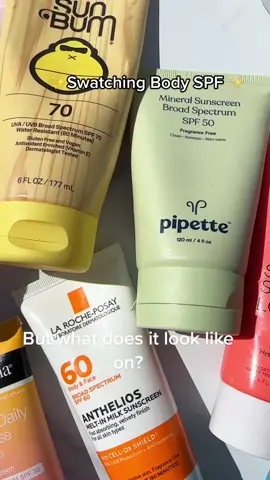 Swatching SPF - sometimes you need to see the texture to know!  Neutrogena Invisible Daily Defense SPF 30 Coppertone Glow SPF 50 Everyday Humans Oh my Bod SPF 50 Sun Bum SPF 70 Neutrogena Hydro Boost Water Gel Lotion SPF 50 For more info see my last reel where I rate most of these on a scale of 1-10 #skintok #spf #skincaretips #SkinCare101 @Sun Bum @Neutrogena @Coppertone USA 