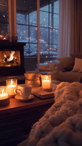 Winter Warmth - Inviting Living Room with Crackling Fireplace and Candles, Snow Falling Outside #WinterWarmth #InvitingInteriors #CracklingFireplace #CandlelitAmbience #SnowfallScenes #CozyAtHome #FireplaceFeels #WinterVibes #HyggeHome #PeacefulRetreat #StormySerenity #SnowyNight #CabinComfort #BlizzardBeauty #IndoorOasis