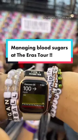 Some more details: 🎤I gave the full bolus for all my meals, erring a bit more on the conservative side knowing all the walking involved in the day (for example, if I guessed 40-50 carbs for something, I would give 40). All boluses were intuitive guesses based on past similar meals. 🎤I did not correct for the 200 I saw after the potatoes 🎤I did not bolus for my wine or the hard seltzer 🎤I ended up turning off activity mode as we were walking out of the stadium and knew we would be headed to get fries. I had it on for about 3.5 hours total For any event like this that involves a lot of walking and dancing and time on my feet, I would probably navigate pretty similarly! 💚💛💜❤️🖤🩵🩶🤎💙 #t1d #taylorswift #theerastour #omnipod5 #dexcom 