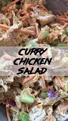 Curry Chicken Salad For this recipe you will need: 2 cups shredded cooked chicken (I prefer a rotisserie chicken) ½ cup thinly sliced celery ½ cup shredded carrot ⅓ cup mayo ¼ cup roughly chopped cashews ¼ cup diced red onion 2-3 tsp curry powder Salt and pepper to taste 2 TBSP shredded coconut (optional) 2 TBSP golden raisins (optional) Instructions: Combine all ingredients in a large bowl and refrigerate until ready to serve. #mealprep #mealprepideas #wasymealprep #chickensalad 