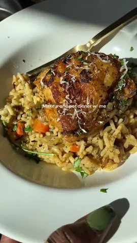 Cream Of Chicken And Wild Rice Skillet 6 bone in- chicken thighs, trimmed of fat and cut into even proportions for even cooking 1 teaspoon onion powder 1 teaspoon garlic powder 1 teaspoon all purpose seasoning 1 teaspoon paprika Kosher Salt, to taste. Black Pepper, to taste. 2 tablespoon unsalted butter 7 oz diced mirepoix (carrot, celery, onion) 1 tablespoon garlic paste 2 4.3 oz box Rice A Roni Long Grain Wild Rice + included seasoning packets 1 cup chicken broth 2 cups water 1/ 3 heavy cream 1 bay leaf 3 sprigs of fresh thyme 3 sprigs of fresh oregano Freshly chopped parsley, to serve Freshly grated parmesan, to serve  Cream Of Chicken And Wild Rice Skillet Cream of chicken  One pot chicken skillet #creamofchicken #wildrice #onepotchickenrice #chickenskillet 