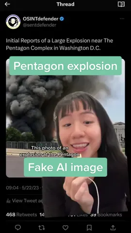 Hours ago, an unverified photo depicting an explosion at The Pentagon went viral. However, that photo is later confirmed to be fake, and possibly generated with AI. #usa_tiktok #usa #virginia #arlington #pentagon #ai #artificialintelligence #fakenews #twitter #internetculture #internet 