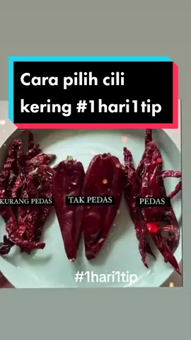 Cara pilih cili kering 1. Panjang kurus kerekot kurang pedas. 2. Gemuk besar tak pedas pun. 3. Panjang merelik, ni pedas berapi ya. #1hari1tip #cilikering #petua