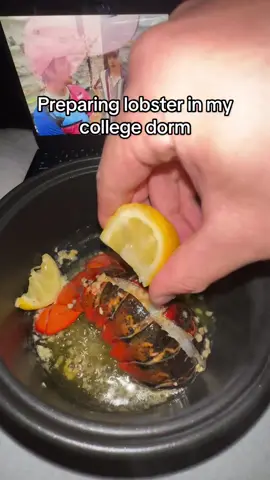 Un-edited Preparing Lobster in my college dorm room 🦞 #FoodTok #foodtiktok #lobster #lobstertok #lobstertail #collegedorm  Cooking Instructions: • Clean Lobster/Cut off legs • Cut down spine and under membrane • Heat butter, Garlic, salt, pepper in a pan • Squeeze 2 lemons • Place lobster in butter/flip occasionally  • Cook for 8 minutes while basteing the lobster • Garnish with parsley and seasonings of choice • Serve with pasta 