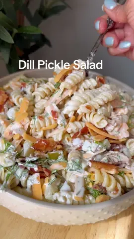 Dill Pickle Salad #food #pasta  Ingredients ▢ 16 oz rotini pasta *cooked according to package ▢ 8 oz bacon cooked ▢ ½ cup cheddar cheese shredded or cubed ▢ 2 cups dill pickles, chopped *about 7 whole pickles Dressing:  ▢ ⅓ cup Mayonnaise ▢ ⅓ cup pickle juice ▢ ½ cup sour cream ▢ 2 Tbsp fresh dill, chopped ▢ 2 tsp dried dill ▢ 1 tsp onion powder ▢ ½ tsp cracked black pepper Full recipe linked in bio if needed!