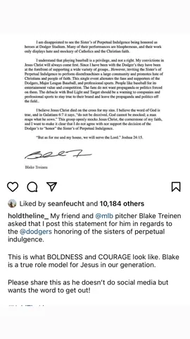 Thank you to Los Angeles Dodgers pitcher, Blake Treinen for standing UP!!  #Bold #Youwillbefound #standup #notashamed  