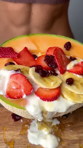 Rockmelon bowl 🍈 Healthy tropical breakfast or snack bowl ready in under 10 min. Save this for later! - Rockmelon - Banana  - Strawberries - Cranberries  - Yogurt - Honey Enjoy the fresh goodness 😍 #healthyrecipes #healthyrecipe #deliciousrecipe #EasyRecipes #healthydessert #bowlrecipe 