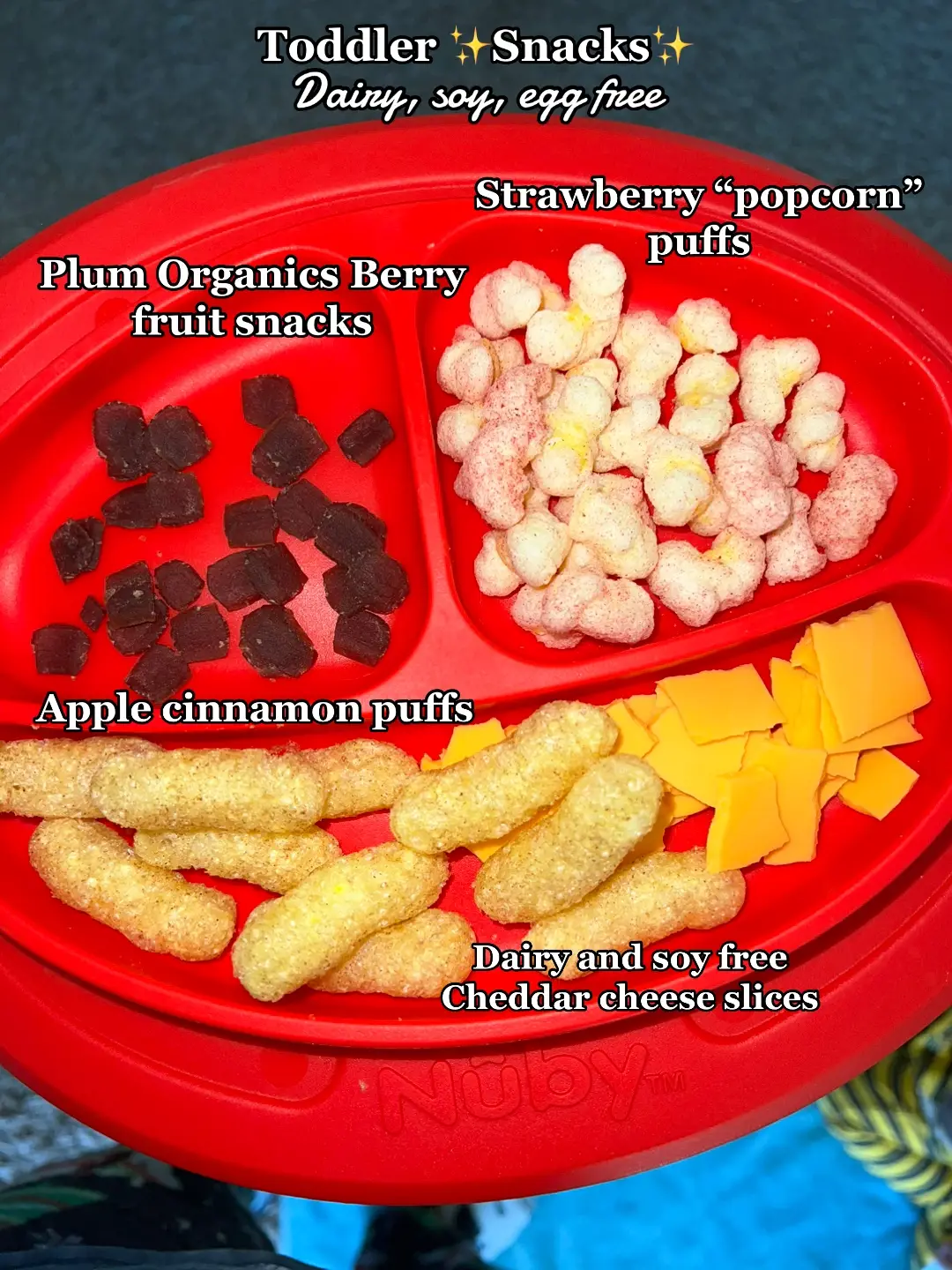 Some Dairy, Soy, Egg free toddler snack ideas! This is usually after a long morning at the playground! #toddlermeals #toddlermealideas #toddlerapproved #toddlerapprovedmeal #whatmytoddlereats #whatmykidseat #toddlersnacks #snackideas #blw #blwideas 