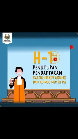 H-1 penutupan pendaftaran calon hakim agung dan hakim ad hoc Hak Azasi Manusia (HAM) di MA Sobat MA, hingga pukul 16:00 WIB hari ini tercatat 65 calon hakim agung dan 29 calon hakim ad hoc HAM di MA telah menyelesaikan pendaftaran. Sobat MA, informasi seputar seleksi calon hakim agung dan hakim ad hoc HAM di MA dapat diakses pada website dan media sosial resmi Komisi Yudisial (KY). #KomisiYudisial #MahkamahAgungRI #MengawasiBukanMenghakimi #PeradilanBersih 