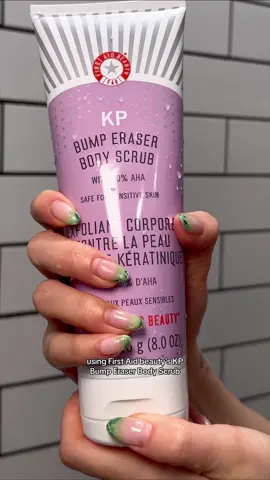 the KP Bump Eraser Body Scrub by @First Aid Beauty  is a self-tan essential for me this summer 😌✨ my skin has never felt so smooth!! like my self-tan NEVER gets patchy anymore  #ad #firstaidbeauty #bodyscrub  #exfoliateyourskin #selftan 