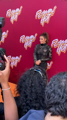 Comin’ in Hot! @Flamin’ Hot is now streaming on @Disney+ and @hulu! Director @Eva Longoria hit the cheeto colored carpet with the film’s stars - #AnnieGonzalez and #JesseGarcia! 