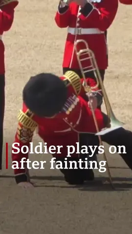 A trombonist soldier tried to play on after fainting in London’s sweltering heat. The soldiers had been rehearsing ahead of this weekend’s Trooping the Colour ceremony. @bbcnews #BBCNews