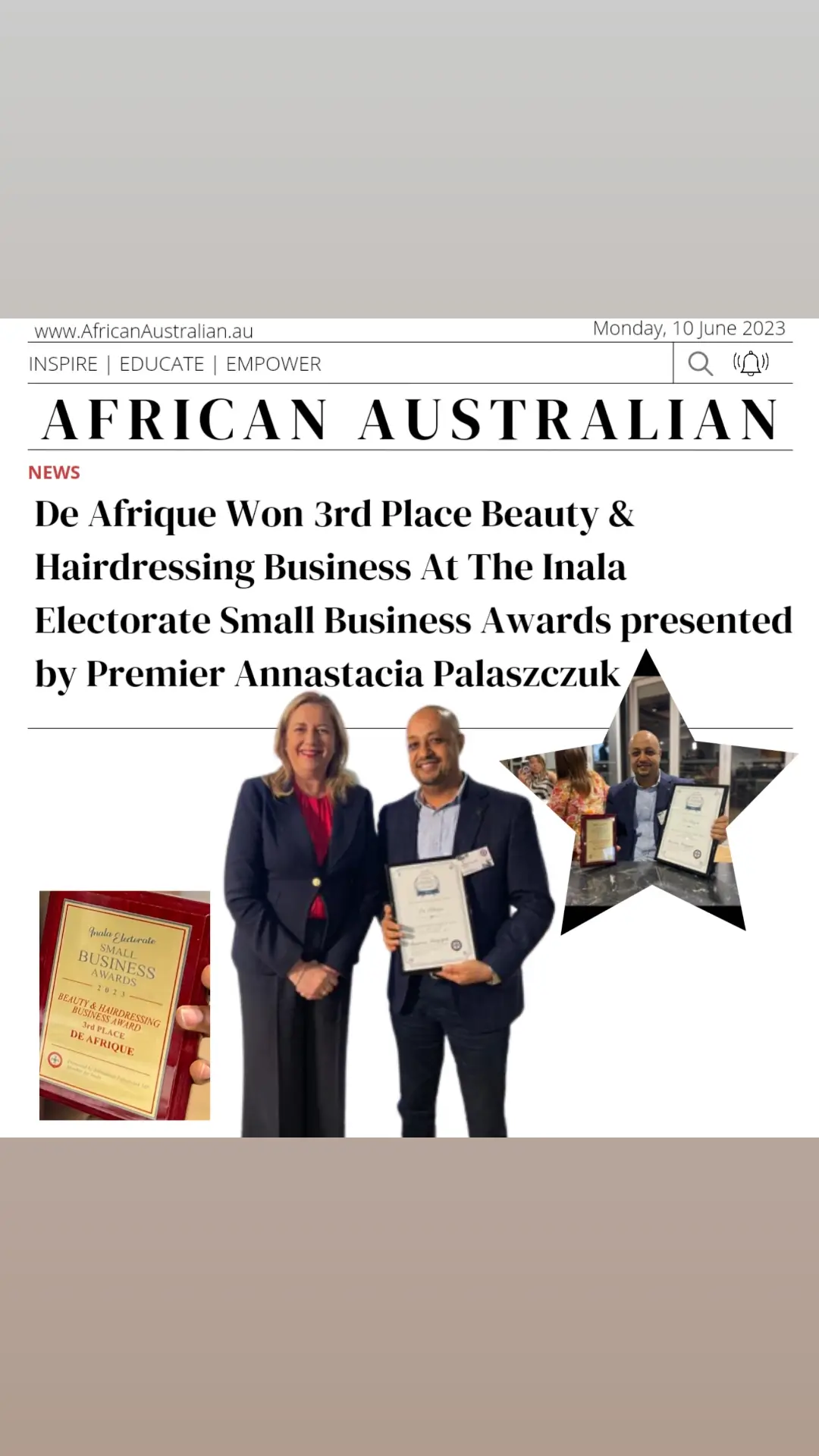 Congratulations 🎉 to De Afrique for Winning 3rd Place Beauty & Hairdressing Business At The 2023 Inala Electorate Small Business Awards presented by Member for Inala and Premier Hon Annastacia Palaszczuk MP. Owner Abdulhakim 'Hakim' Yusuf of Ethiopian heritage accepted the award. . . #AfricanAustralian #Brisbane #Inala #QLD 