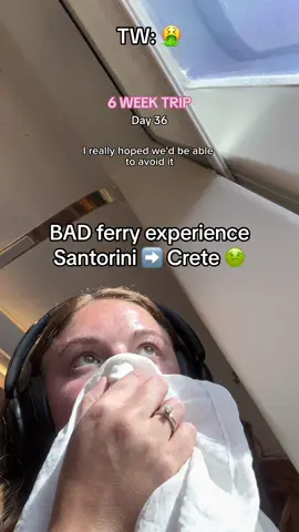 🤢 NOW I understand why people warned me about the ferries in Greece. Up until this point, we had been on 4 ferries and hadn’t had any problems, it was actually pretty enjoyable for the most part. BUT BEWARE of these speed ferries, they’re basically just big speedboats and get tossed around in the waves. And this was even one of their bigger ones 🤮  if you’re going to greece, bring noise cancelling headphones 🙉 and DRAMAMINE #greecetravel #greekferries #greece #santorini #crete #traveltok #traveltheworld #longtermtravel #greeceferries 
