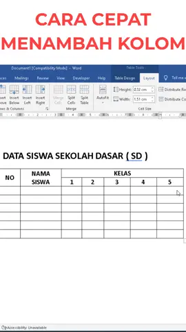 Menambah kolom yang kurang di tabel word #msword #mswordtutorial 