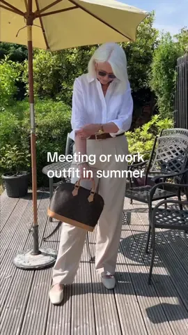 Dressing for a meeting in summer.  Shirt and sunnies H&M Trousers Zara  Bag vintage LV Alma   Shoes clarks  #fashiontok #over50 #over50style #minimalstyle #summeroutfit #over60 