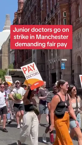 Striking junior doctors take part in a rally in Manchester. The 72-hour stoppage will run from June 14 to June 17 in a row with the Government over pay. #news #uknews #breakingnews #strikes #doctorstrikes #juniordoctor #nhs #government 