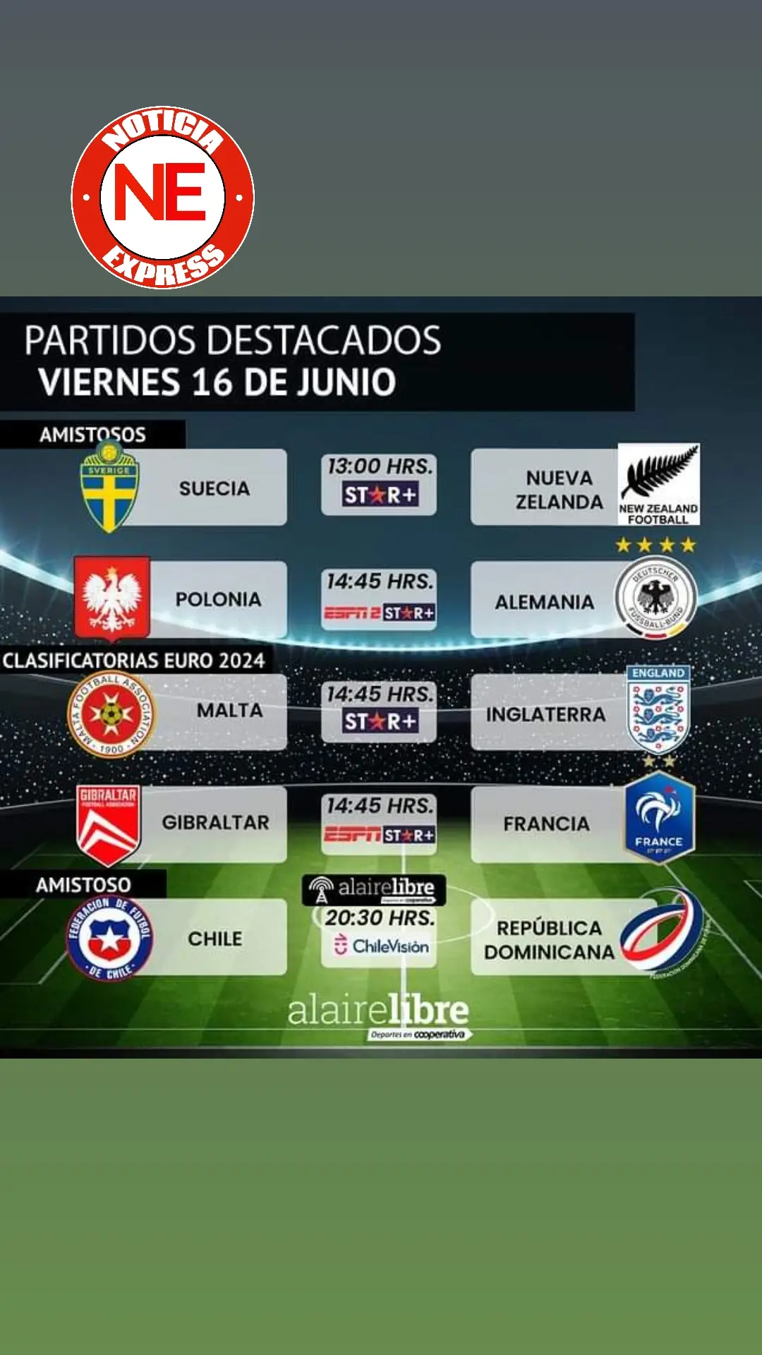 📺⚽ ¡Juega @laroja y hay harta acción a nivel de selección! Revisa cuándo y dónde ver los duelos destacados de este 16 de junio en la Agenda de TV de www.alairelibre.cl