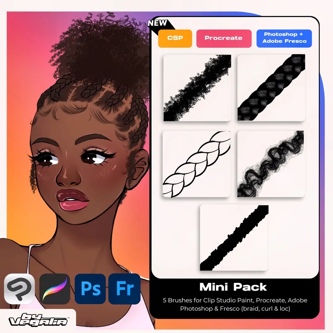 We now have a NEW mini pack that includes 5 of our most popular brushes, an outline pack for Photoshop and a Voll 2 dual pack for Procreate, Photoshop, Clip Studio Paint, & Fresco! #brushbyvegalia 